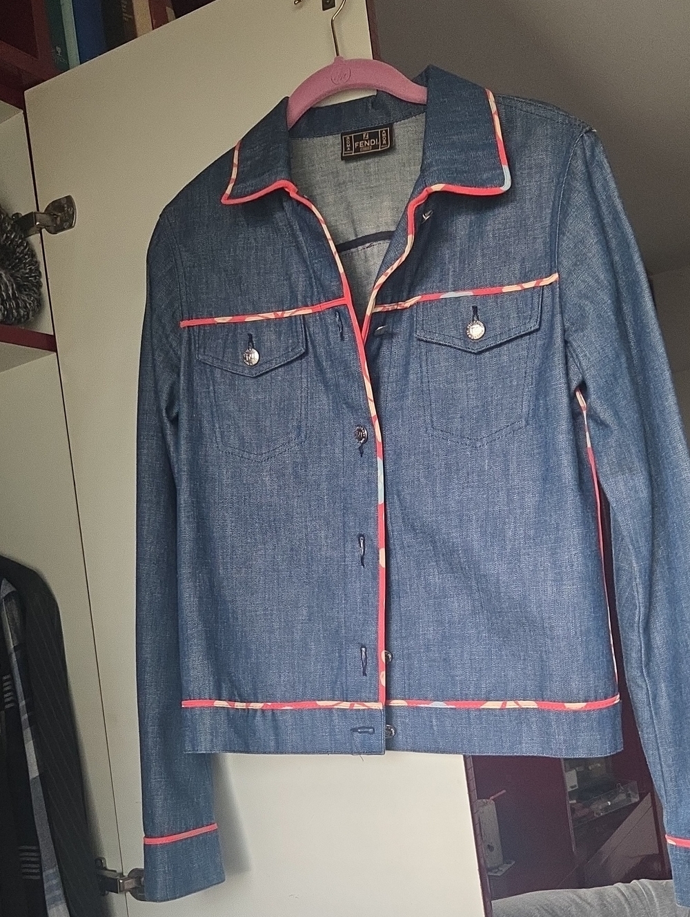 Fendi Dark Blue Denim Jacket With Pink Trim